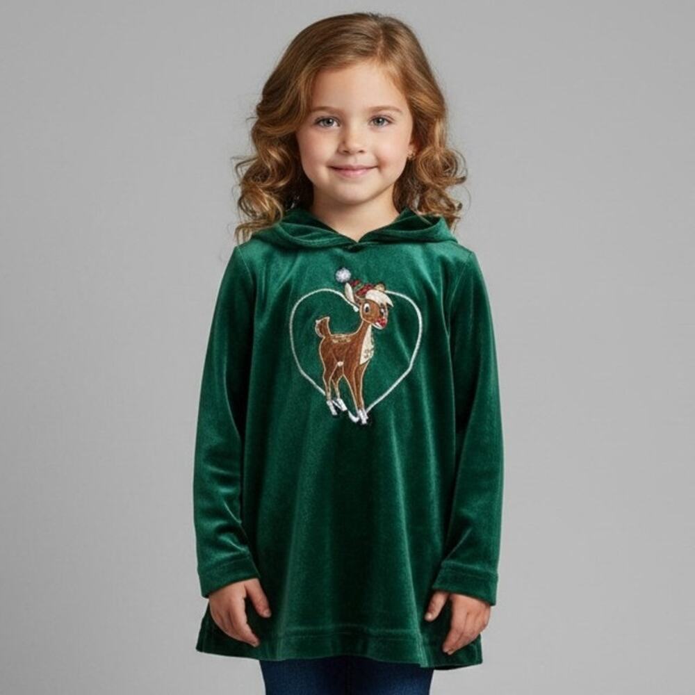 Rudolph Toddler Girls 4T Dark Green Velvet Embroidered Top Sweater Christmas